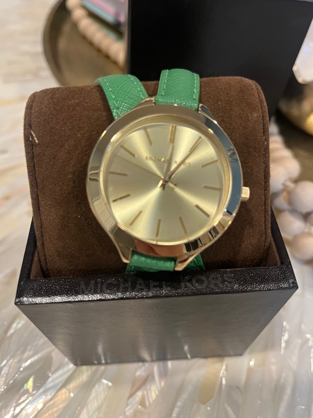 Michael Kors Gold Dial Watch with Green Leather Strap
